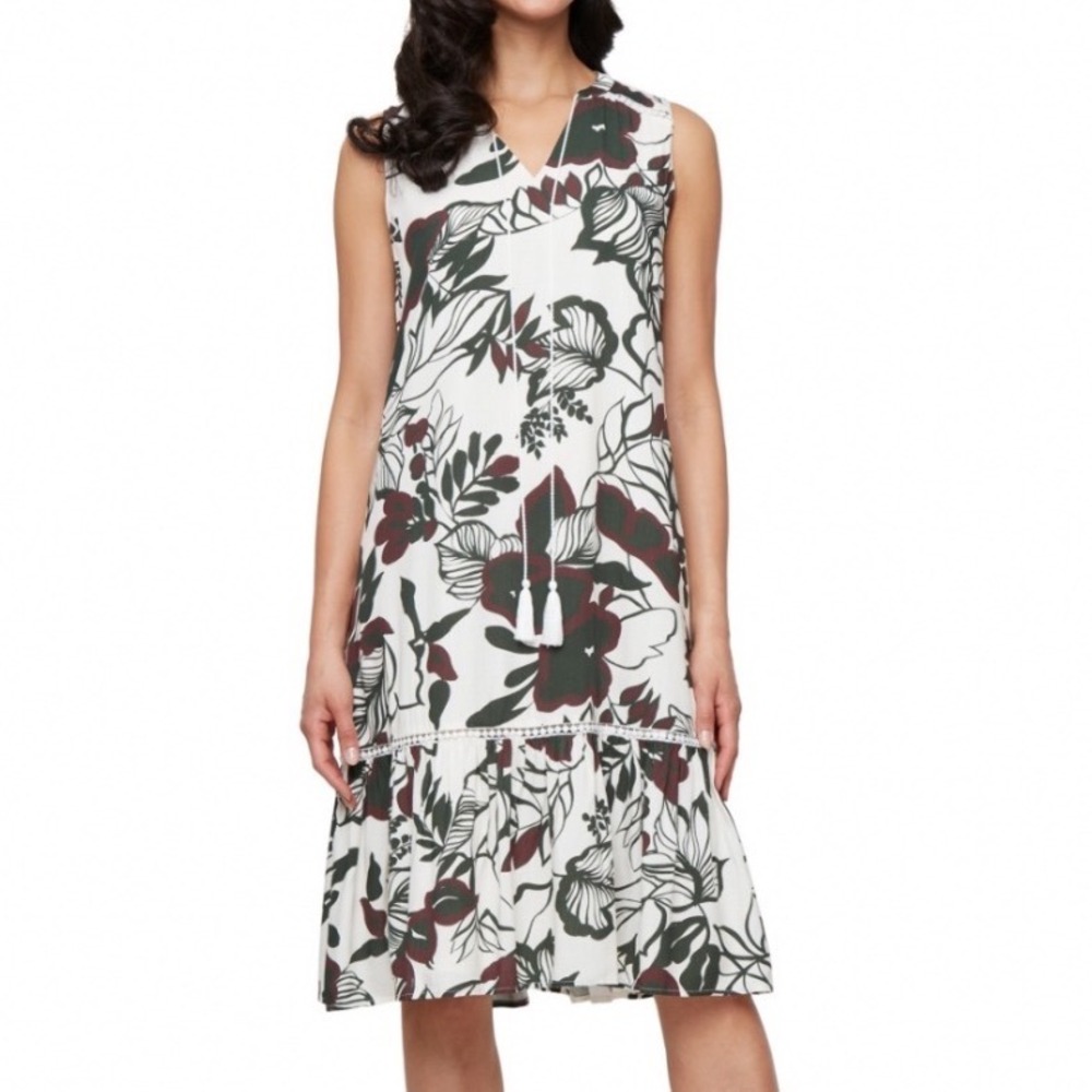 SLNY Floral Shift Dress Women 14 Like New Tassel Ruffle Hem Midi